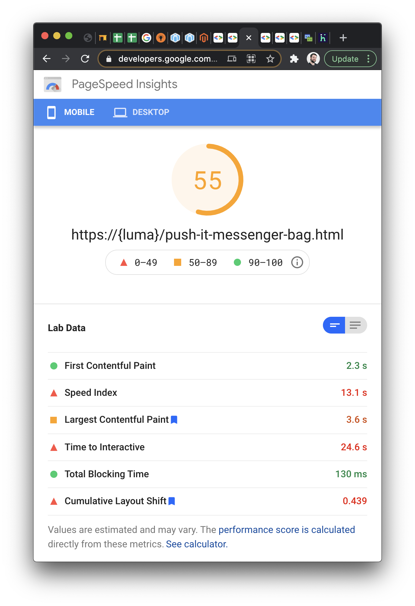 Luma Demo Mobile Page Speed Score